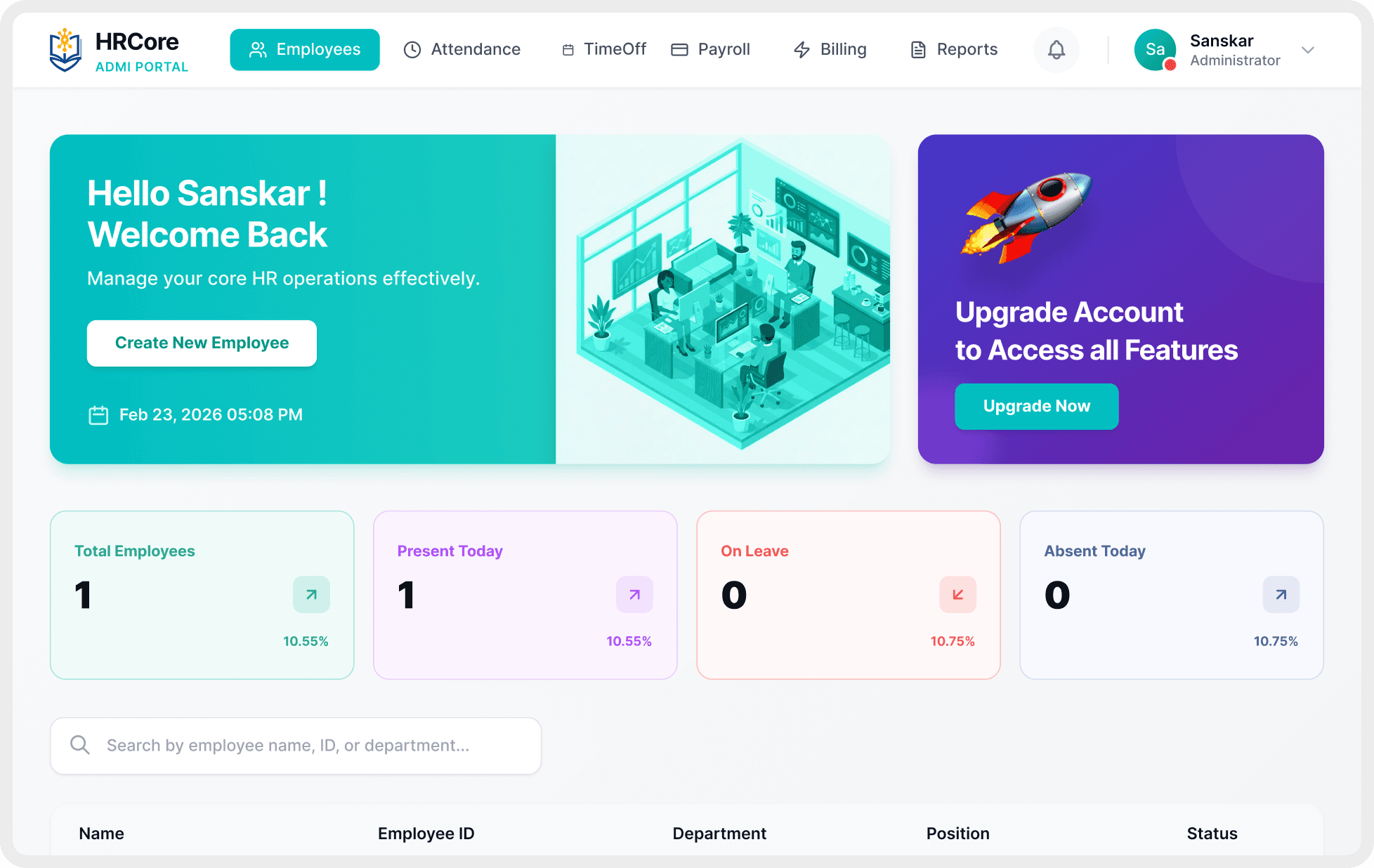 HR App Dashboard Interface